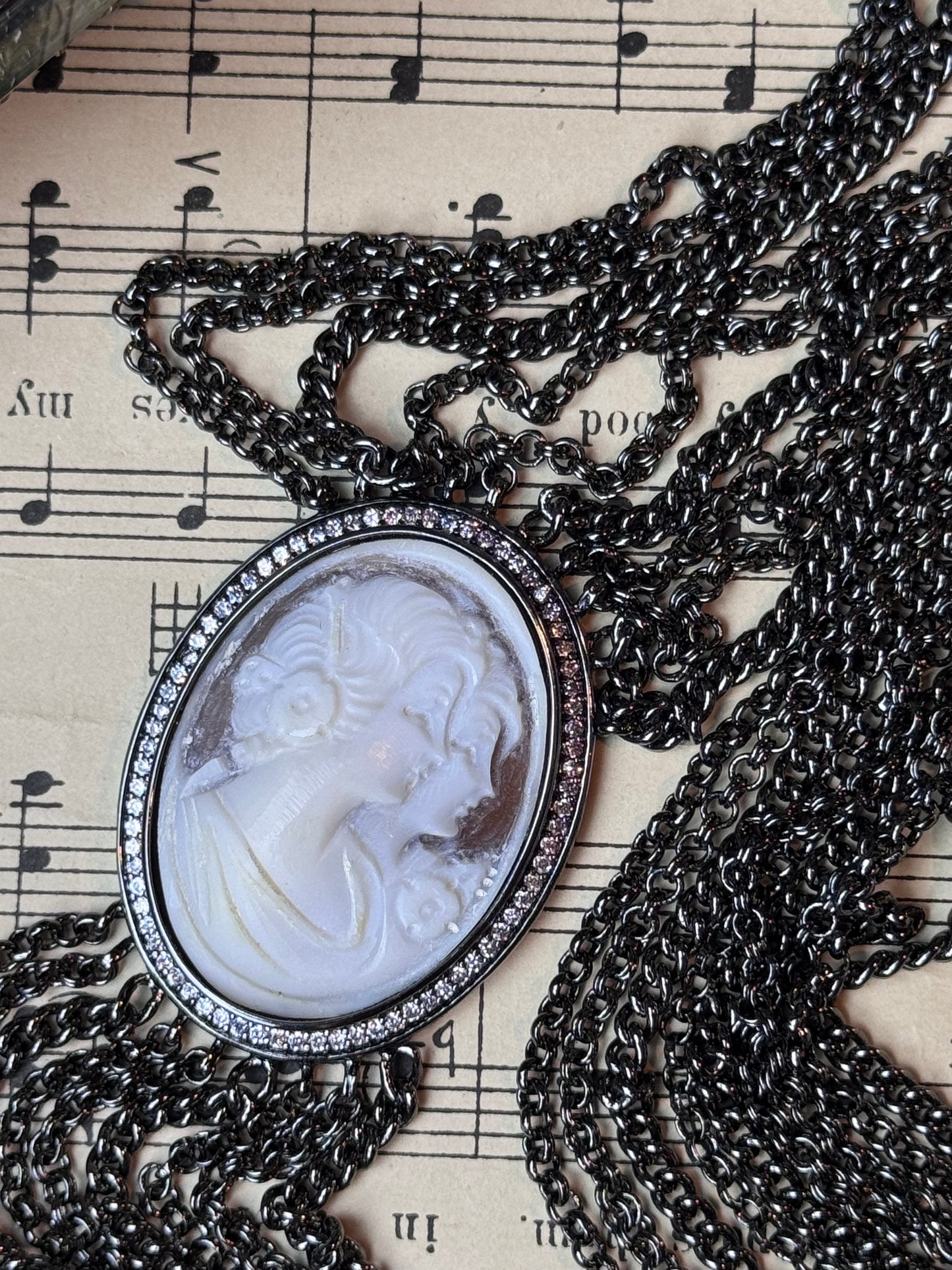 Cameo Necklace 32” & 7.25” Bracelet Gunmetal Multi Strand - Estate Find
