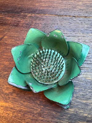 Vintage Green Metal Lotus Flower Frog Floral Arrangement Holder 4”