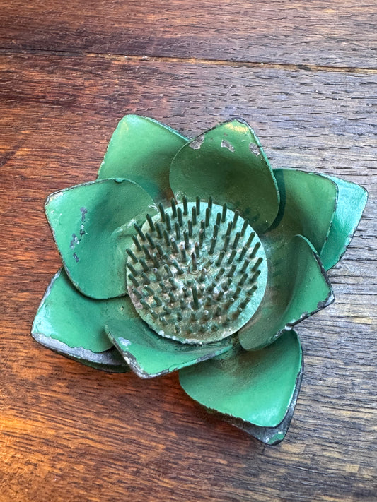 Vintage Green Metal Lotus Flower Frog Floral Arrangement Holder 4”