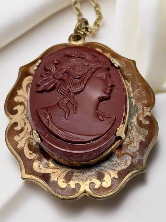 Vintage Victorian Revival Cameo Pendant Necklace Enameled Rose Gold Tone