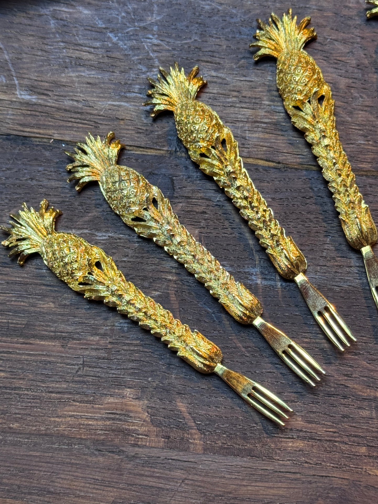 Vintage Canapé Fork Set 24kt Gold Plated Janis Collection 6 Pineapple Design 4”