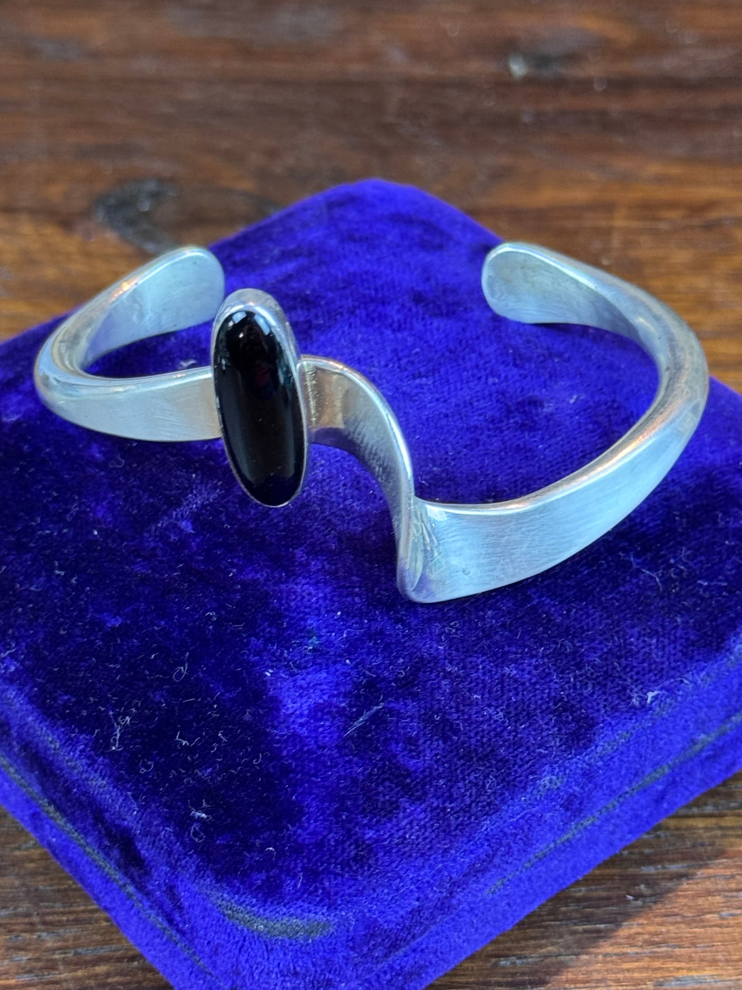 Vintage Sterling Silver Onyx Cuff Bracelet Navajo JH Signed Modernist 33.7g