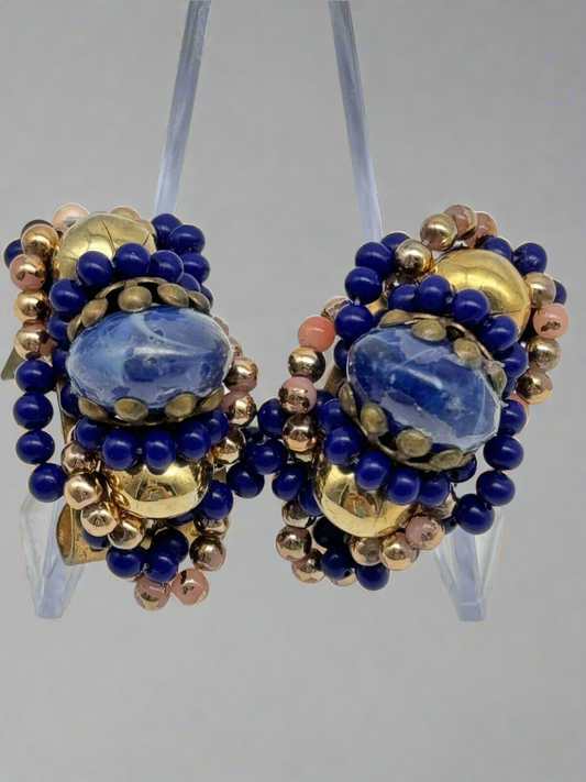 Vintage Royal Blue & Goldtone Bead Earrings Clip-on ESTATE FIND