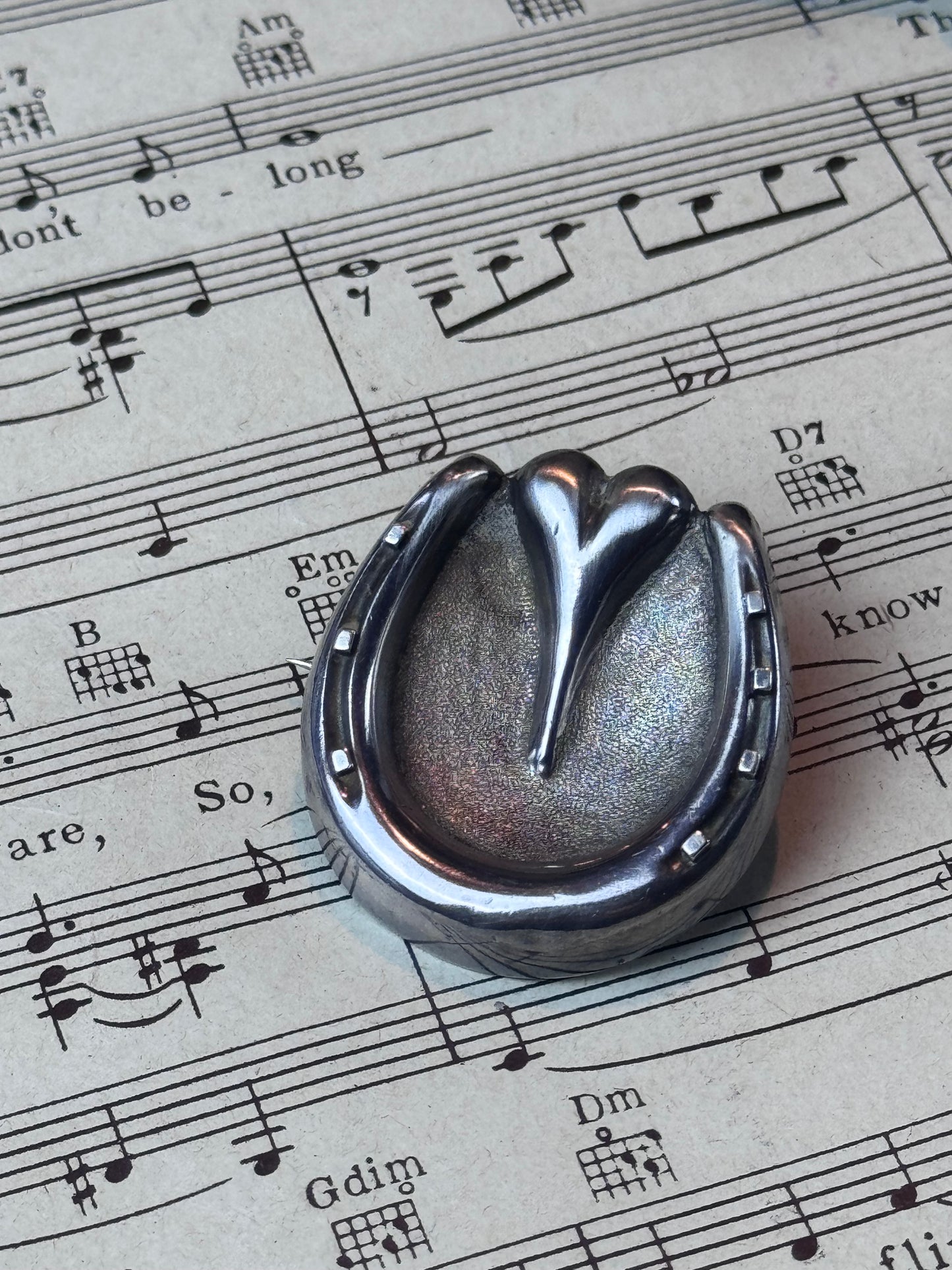 Antique Victorian Horseshoe Heart Brooch Unmarked Tested Silver 1.25” Lucky Pin