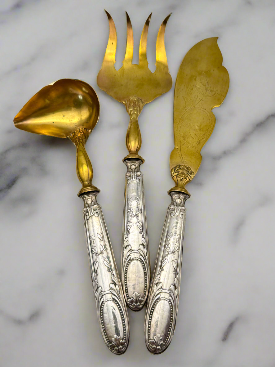 Antique 800 FRENCH Silver & Vermeil Serving Set – Ornate European Flatware