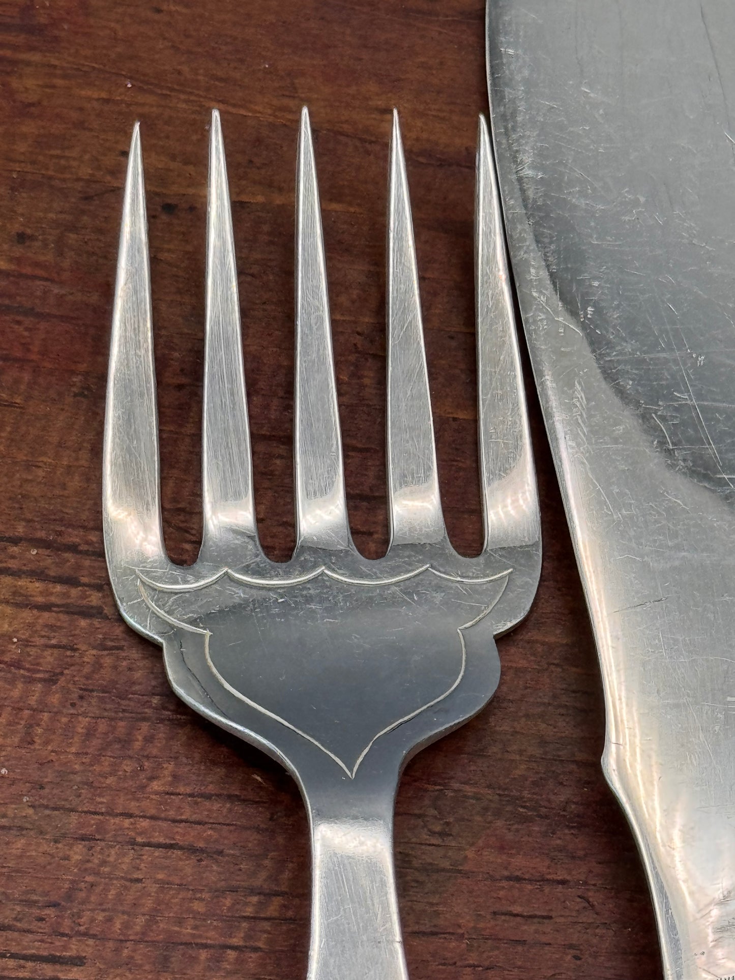 Antique EPNS Fish Set Sterling Ferrules Celluloid Handles 11” Knife 8.5” Fork