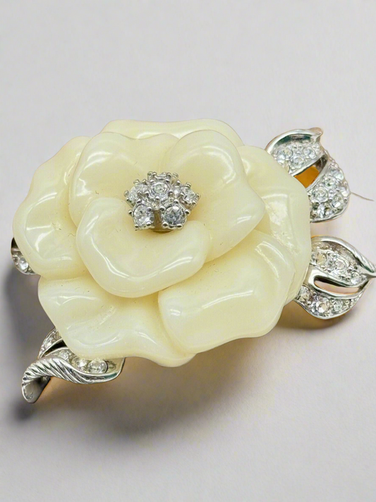 Nolan Miller Lara Camellia White Flower and Rhinestone Pin Silver Tone Brooch