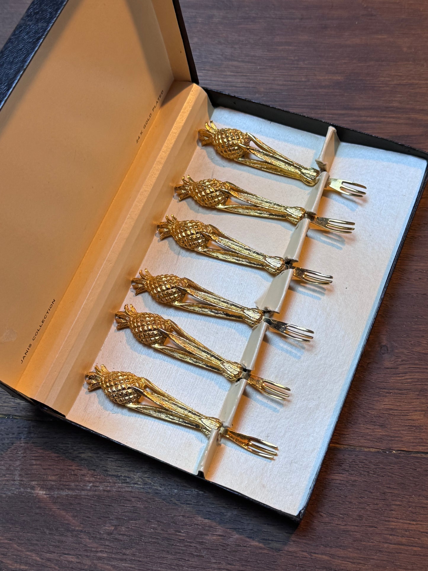 Vintage Canapé Fork Set 24kt Gold Plated Janis Collection 6 Pineapple Design