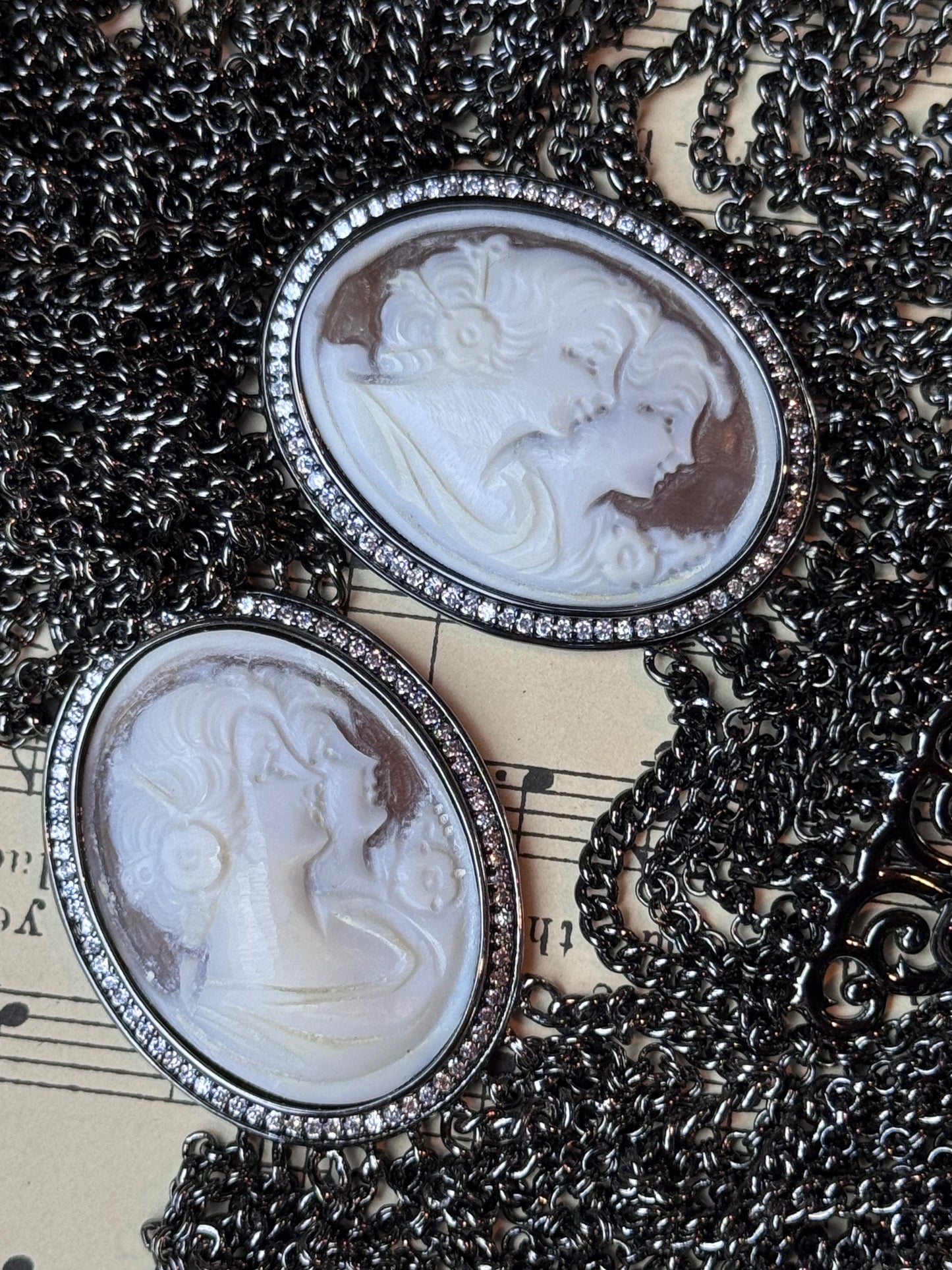 Cameo Necklace 32” & 7.25” Bracelet Gunmetal Multi Strand - Estate Find