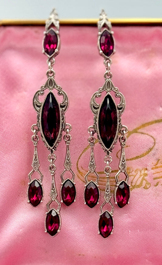 Vintage Antique Style Purple Dangler Earrings Silver Tone Post Back