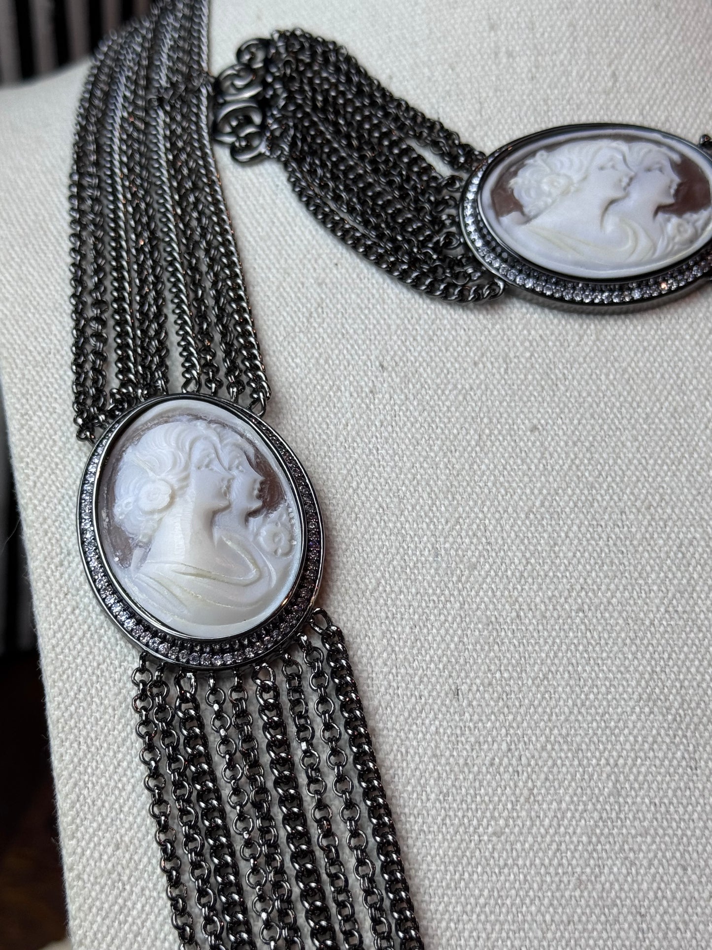 Cameo Necklace 32” & 7.25” Bracelet Gunmetal Multi Strand - Estate Find