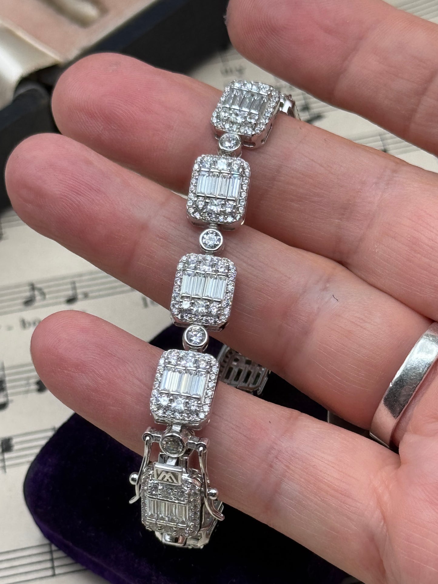 Sterling Clear Stones Tennis Bracelet 7” Baguette Halo Link Bracelet Signed W 925