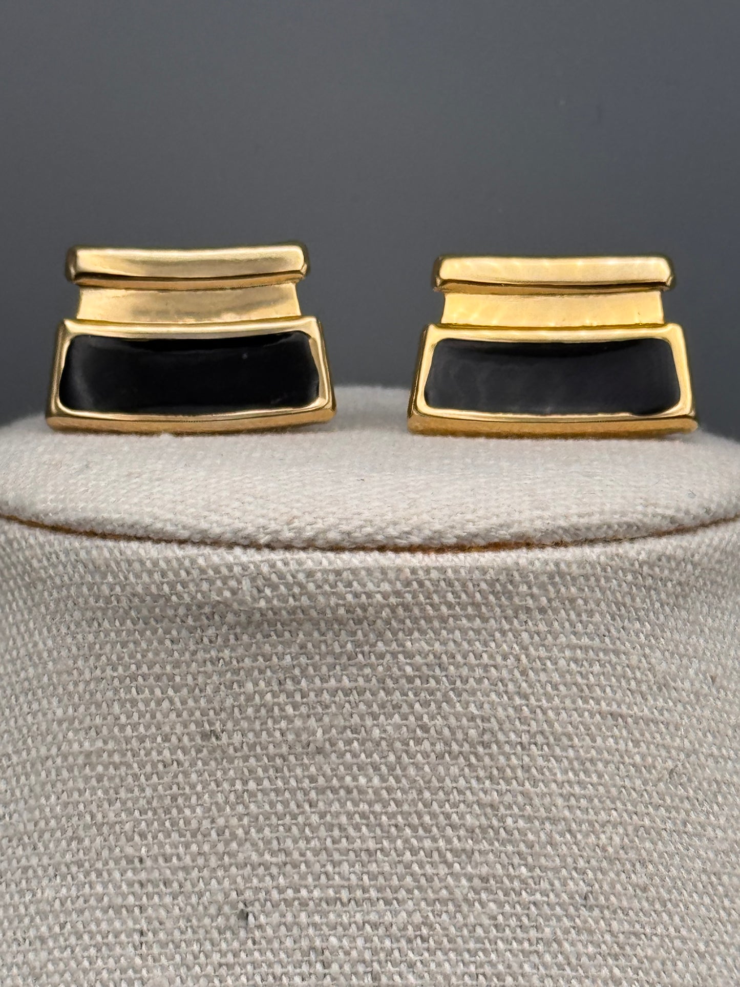 Vintage Necklace Black Enamel Goldtone Link 15.5” Matching Earrings Set