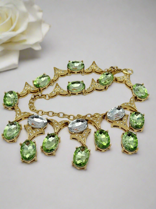 Vintage SIGNED SCAASI  Green, Clear, Gold Tone Necklace STATEMENT PIECE