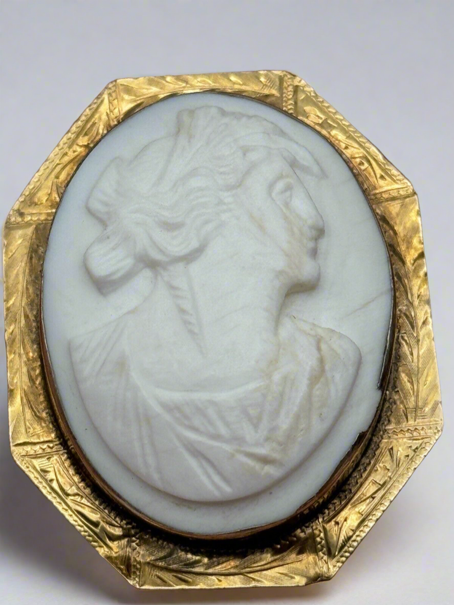 Antique 10kt Gold White Carved Coral Cameo Brooch Pendant Chased Frame EDWARDIAN