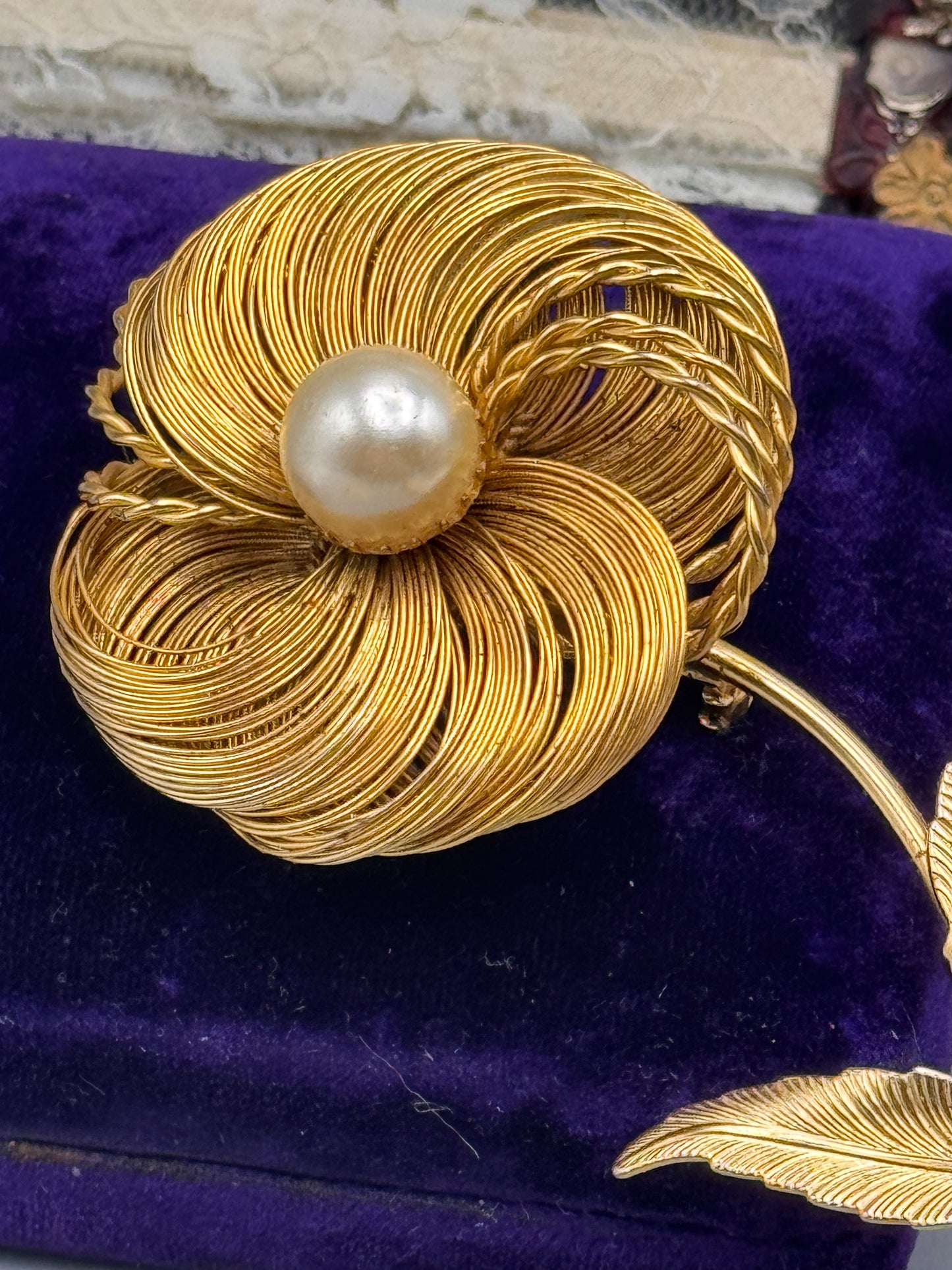 Vintage Hattie Carnegie Flower Brooch Goldtone Faux Pearl Statement 4.75”