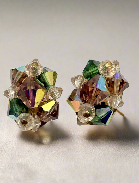 Vintage Pair Aurora Borealis Emerald & Topaz Colored Rhinestone Clip On Earrings