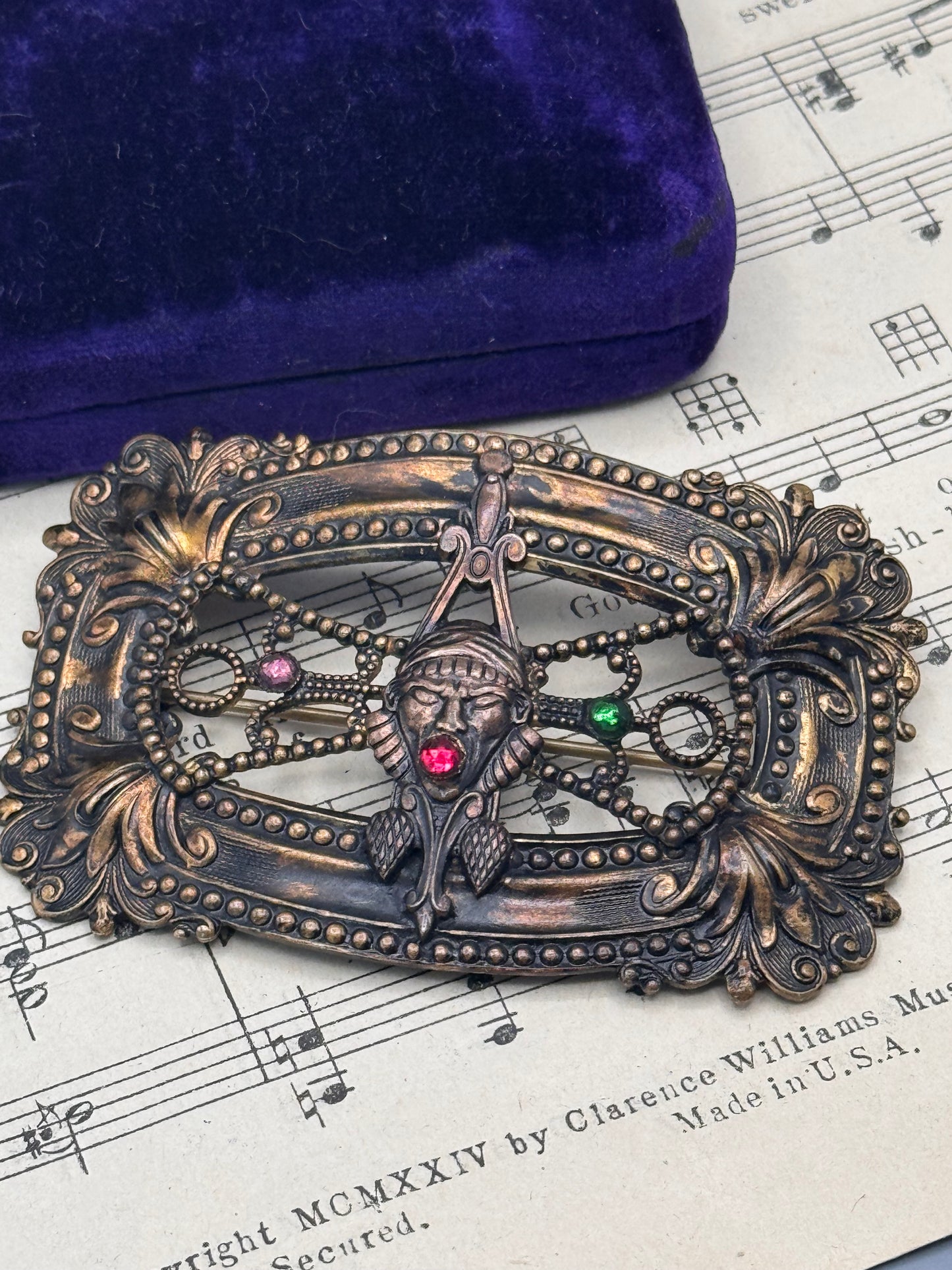 RARE Vintage Sash Brooch Fortune Teller Figural Rhinestone Statement 3.25”