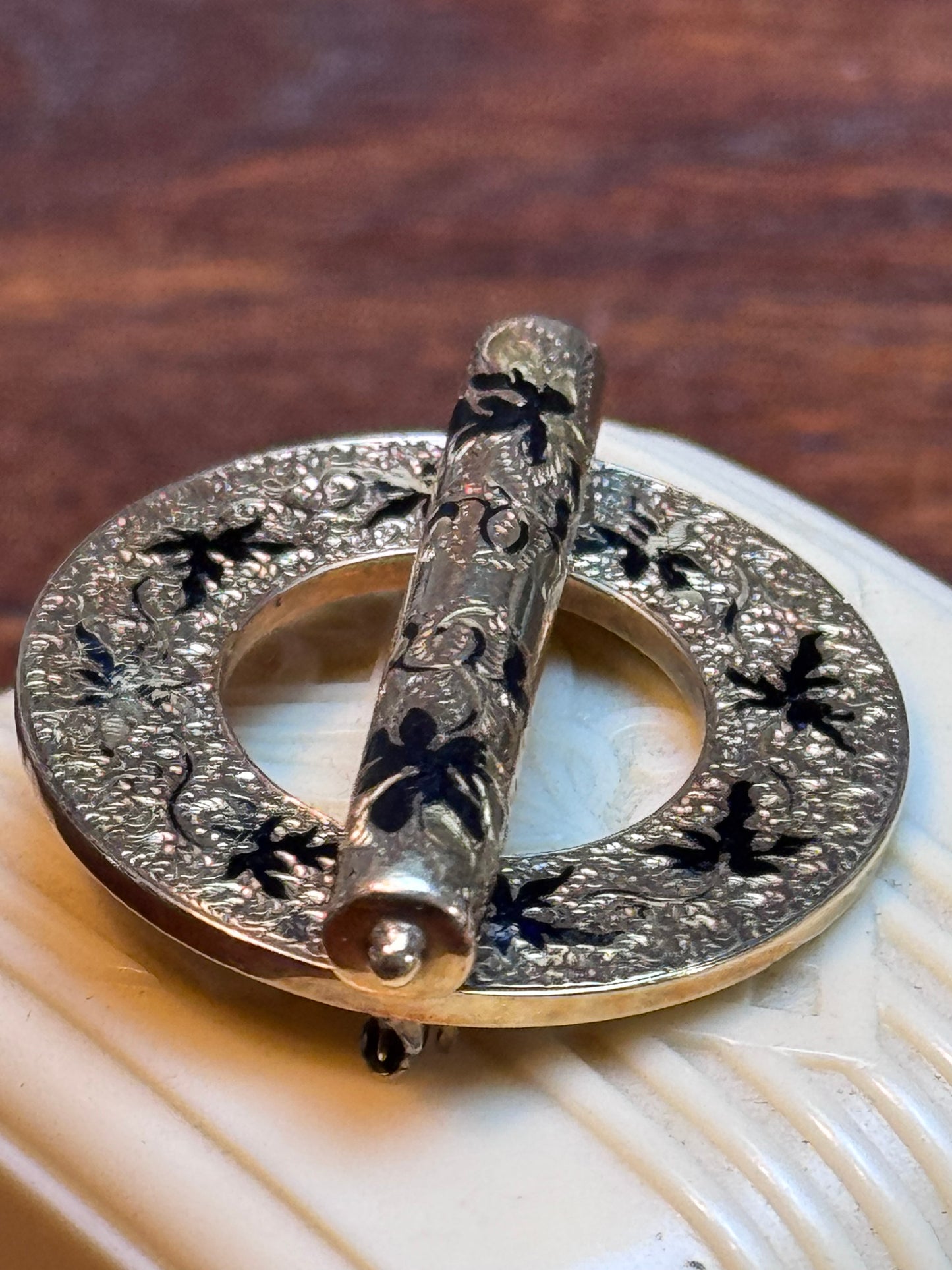 Victorian Sterling Silver 14K Gold Plated Taille d’Épargne Enamel Brooch Pendant