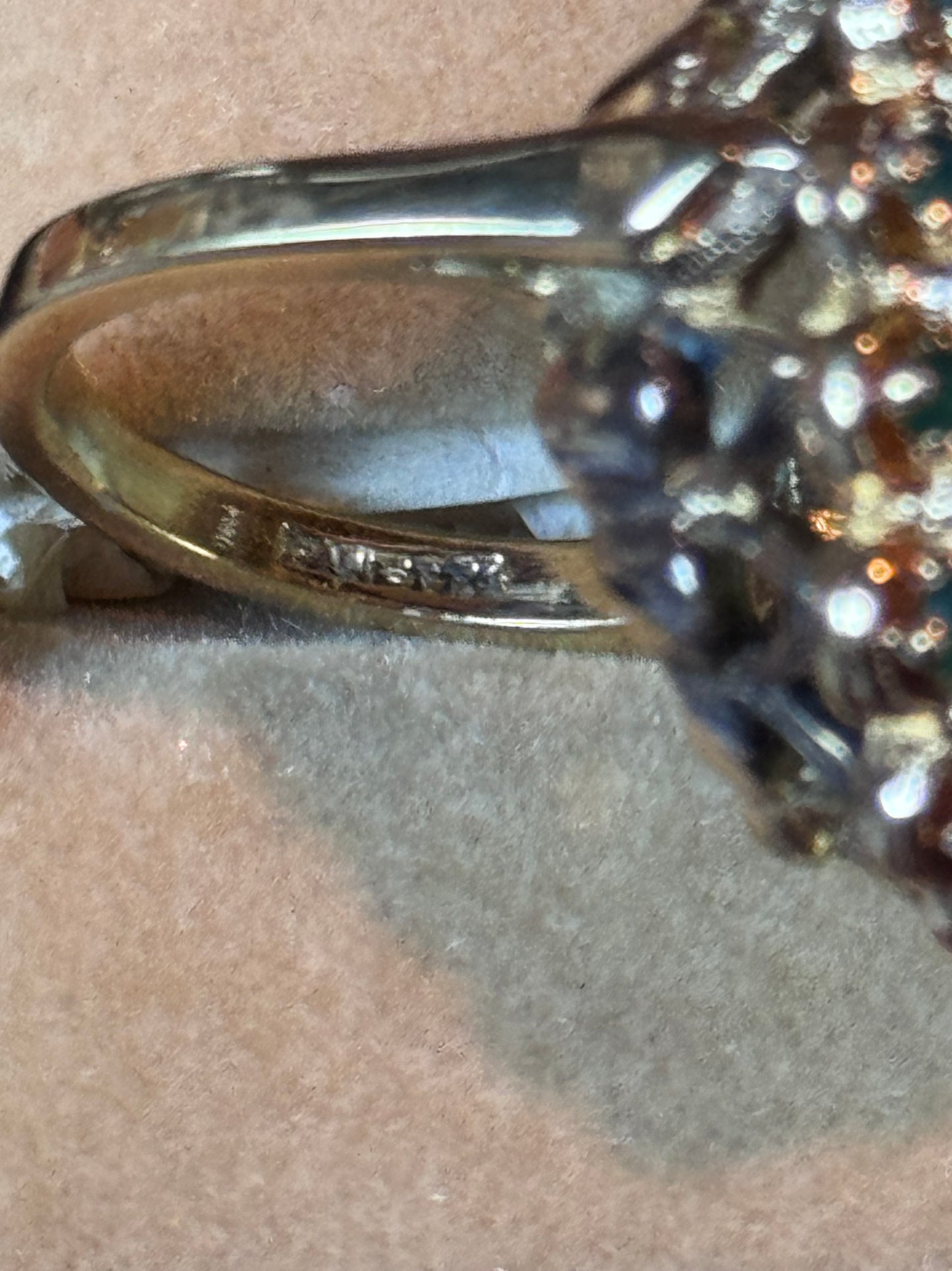 Vintage Sterling Gold Plated Princess Ring Green Jade Tone Cabochon Rhinestones Sz 6.75
