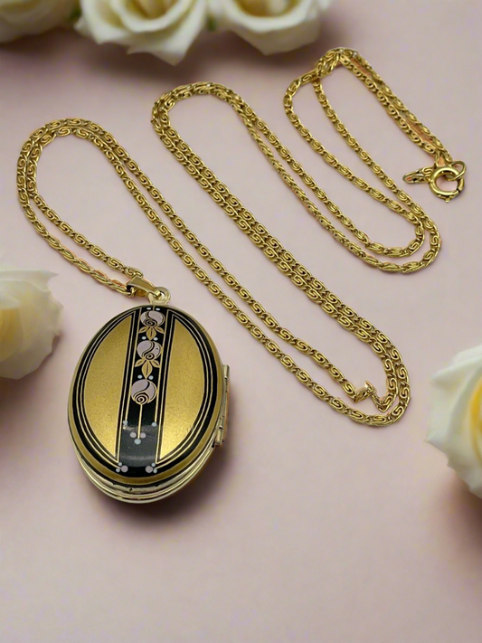 Vintage Michaela Frey Locket Gold Tone Enamel On Gold Tone Chain