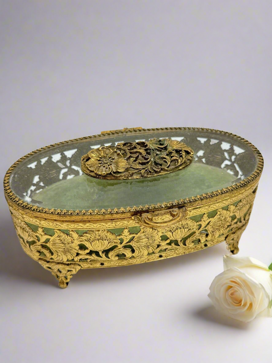 VINTAGE Ormolu Jewelry Casket Oval Green Velvet Floral Design Substantial LARGE