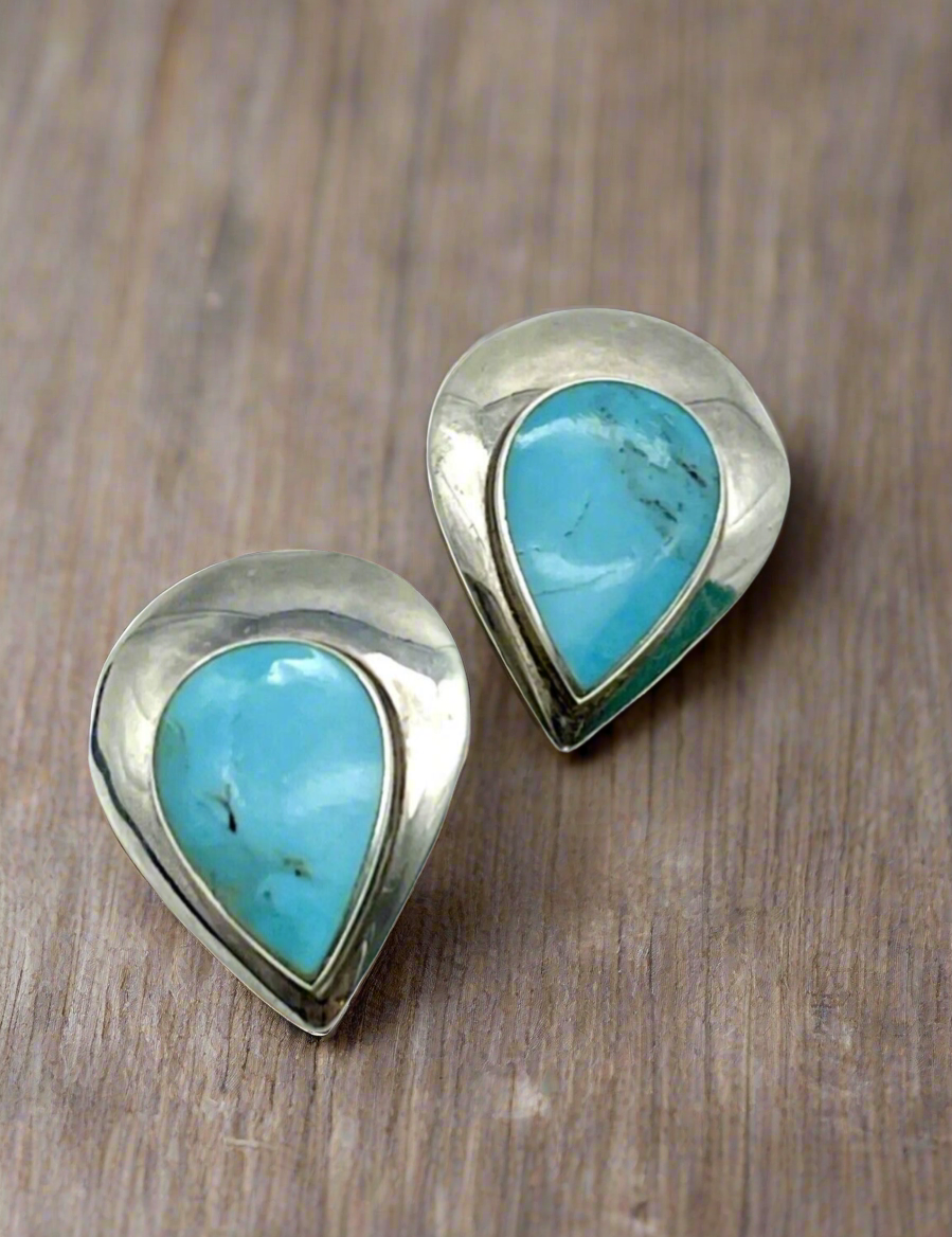 Vintage Sterling Silver Turquoise signed Earrings Clip On Estate Find