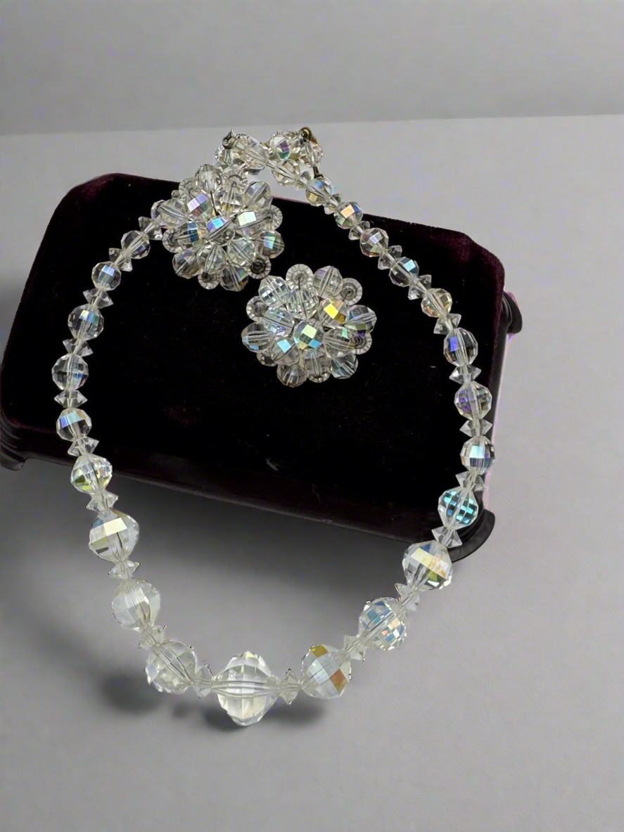 Vintage AB Single Strand Necklace 15”Jewelry Set Incl Earrings Clipon