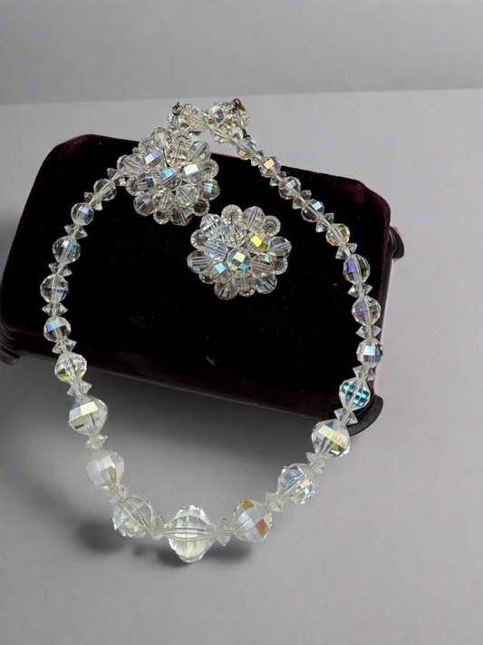 Vintage AB Single Strand Necklace 15”Jewelry Set Incl Earrings Clipon