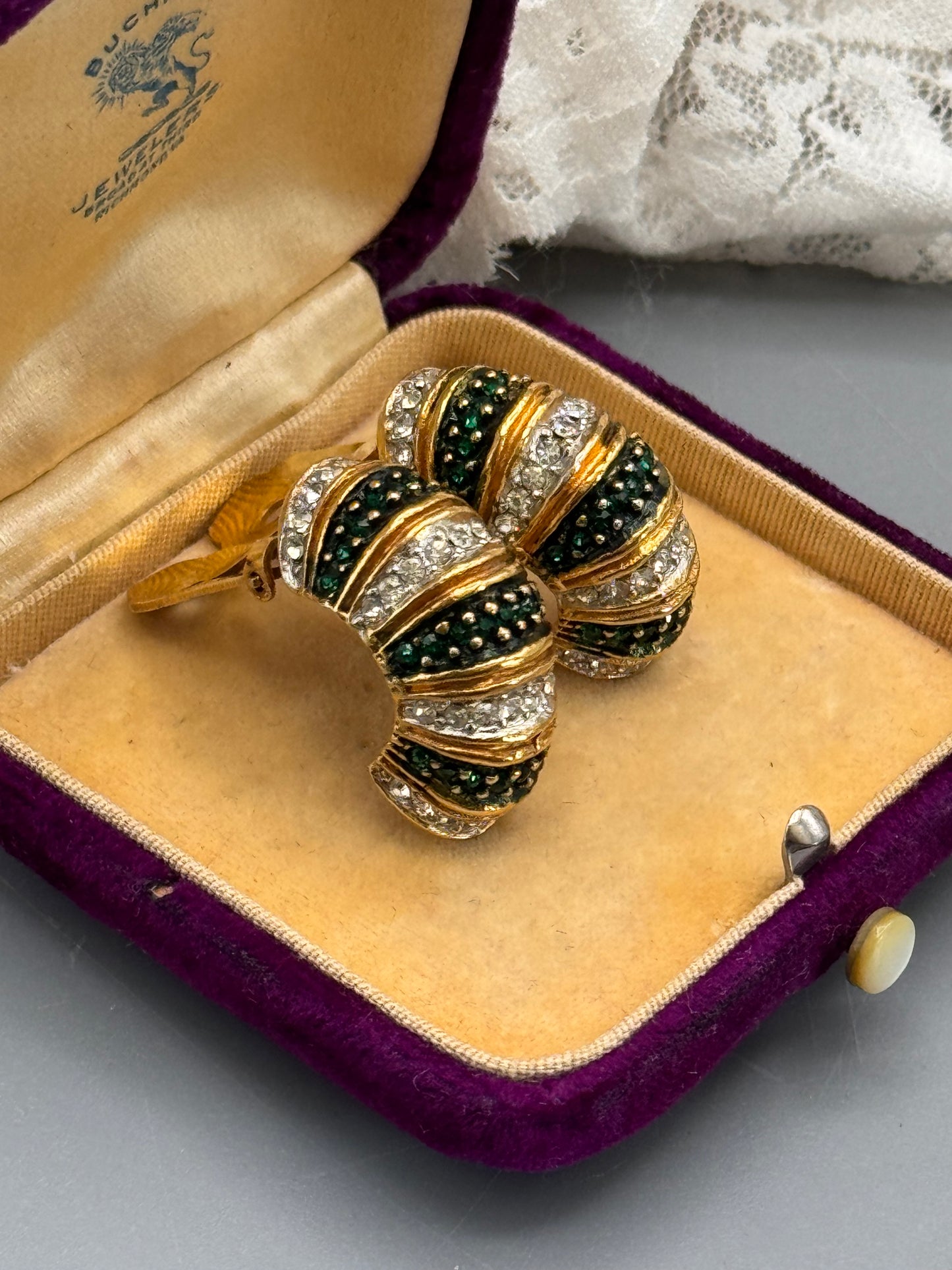 Vintage KJL Signed Kenneth J Lane Clip-On Earrings Emerald Green Clear Rhinestone Goldtone