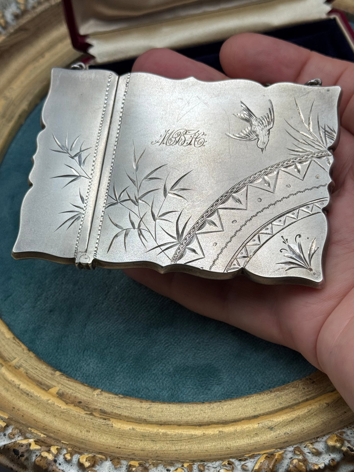 Antique Victorian Calling Card Case Aesthetic Movement Bird Bamboo STERLING Silver - Monogram MBH Fits Credit Card!!