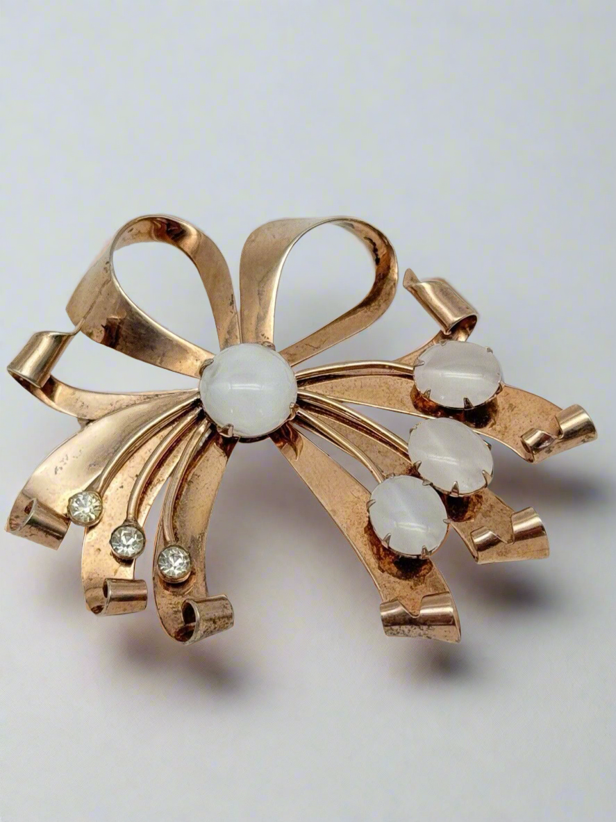 1940s Brooch STERLING VERMEIL Retro Ribbon With Opaline Stones & Rhinestone