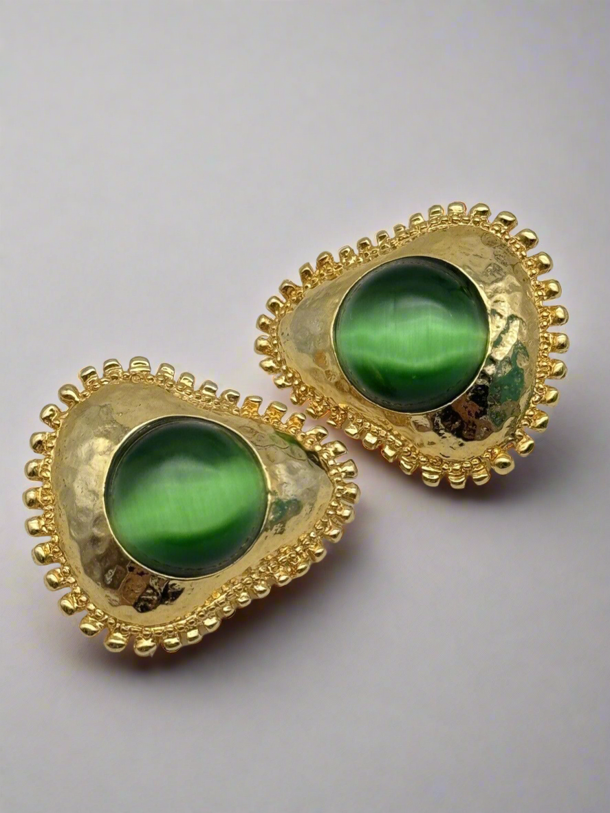 Vintage Earrings Goldtone Hammered Green Cat Eye Cabochon