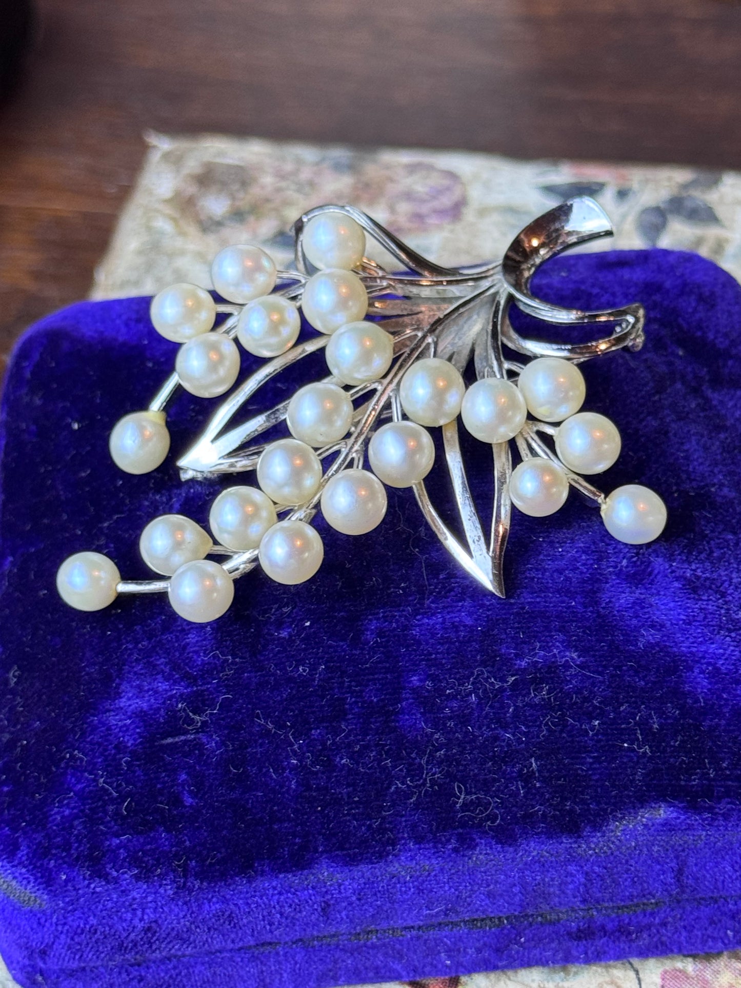 Vintage Sterling Silver Cultured Pearl Floral Spray Brooch 3” Mid Century Pin