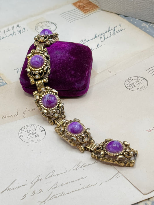 Vintage Victorian Revival Bracelet Purple Lucite Cabochon Faux Pearl Goldtone 7.25” Selro Selini Style