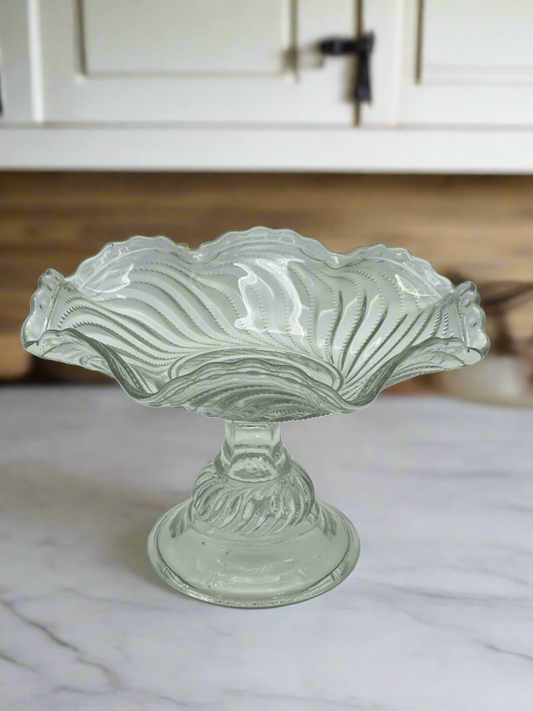 Antique Pressed Glass Compote Crimped Edge Swirls