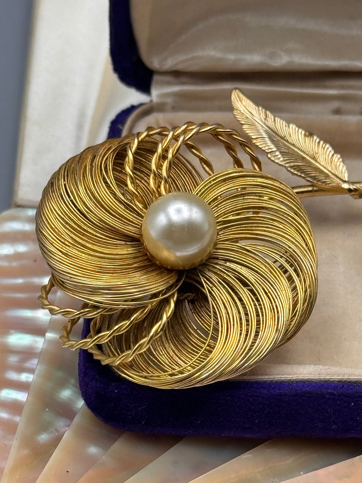 Vintage Hattie Carnegie Flower Brooch Goldtone Faux Pearl Statement 4.75”