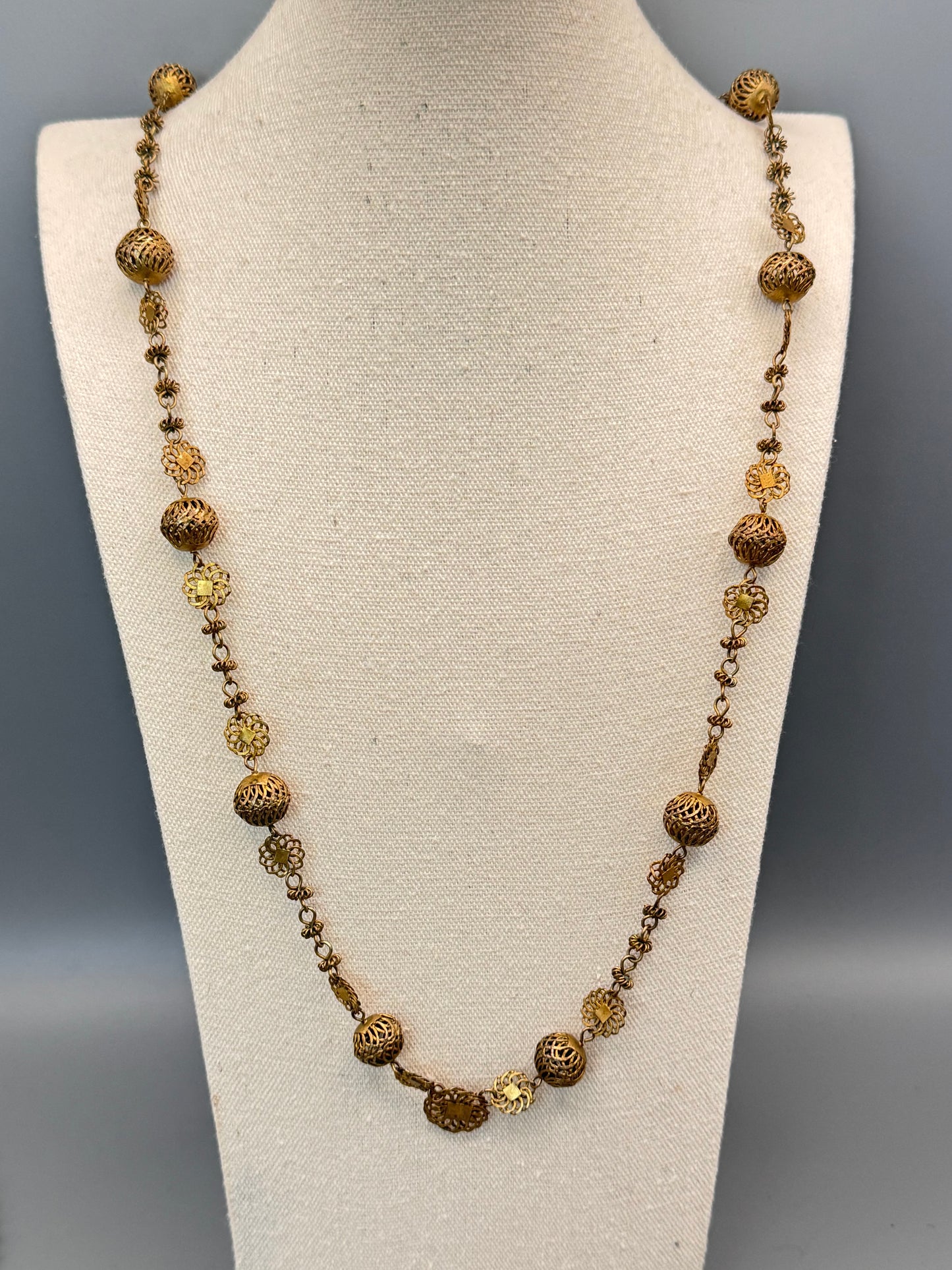 Vintage Necklace Long Brass Tone Filigree Bead Chain Endless 36”