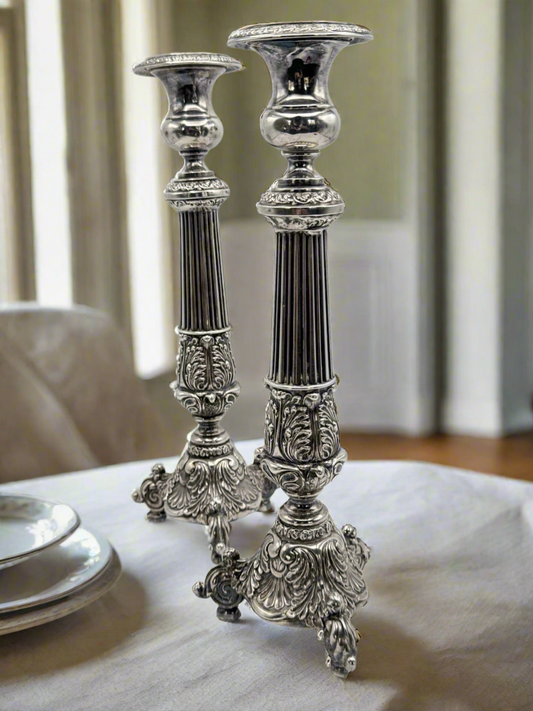 Pair ANTIQUE Silverplate Candlesticks European Late 19th Century Style Weighted