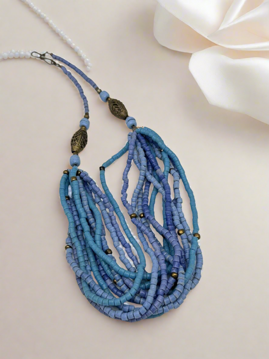 Blue Beaded Artisan Asian Style Necklace Multi Strand 19” VINTAGE