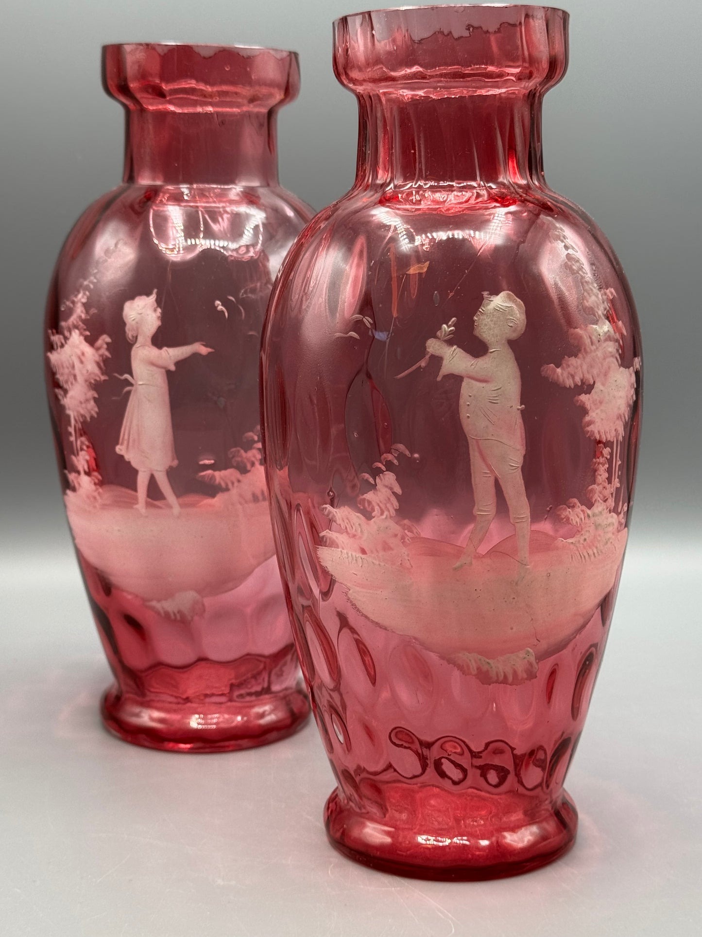 Vintage Pair Mary Gregory Style Cranberry Glass Vases Boy & Girl 10.5”