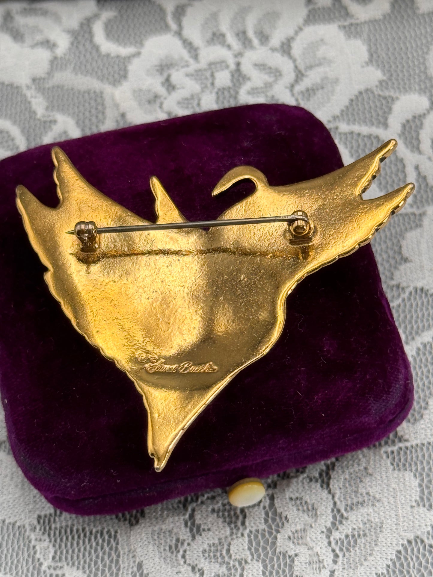 Vintage Laurel Burch Swan Brooch Goldtone Figural Signed 2.5”