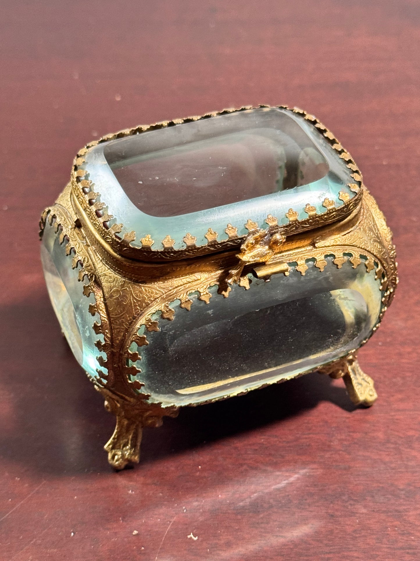 Jewelry Casket Box Antique Beveled Glass Ormolu Vanity Trinket Box 3.5”