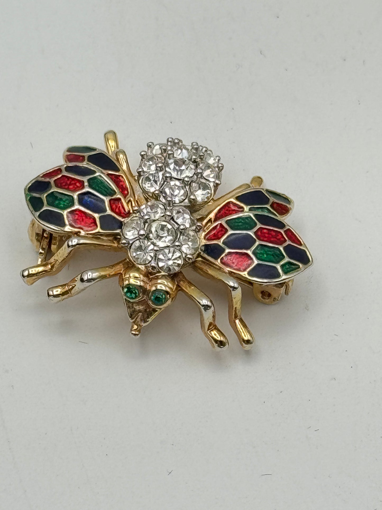 Vintage Bee Brooch Clear Rhinestone Enamel Red Blue Green Goldtone Ca. 1.38”