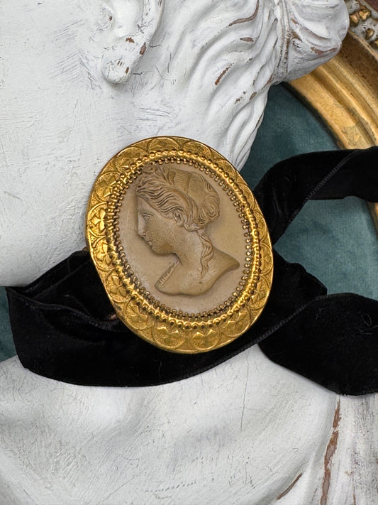 Antique Lava Cameo Belt Buckle Choker Slide Goldtone Relief 2”