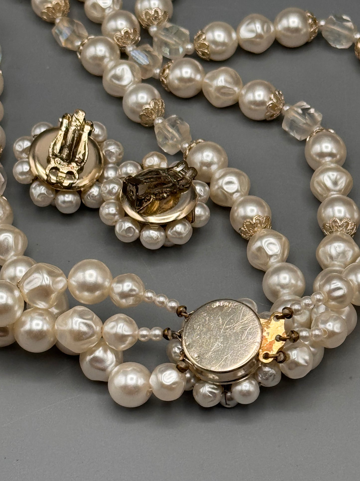 Vintage Triple Strand Faux Pearl Necklace 18” Baroque Clip On Set
