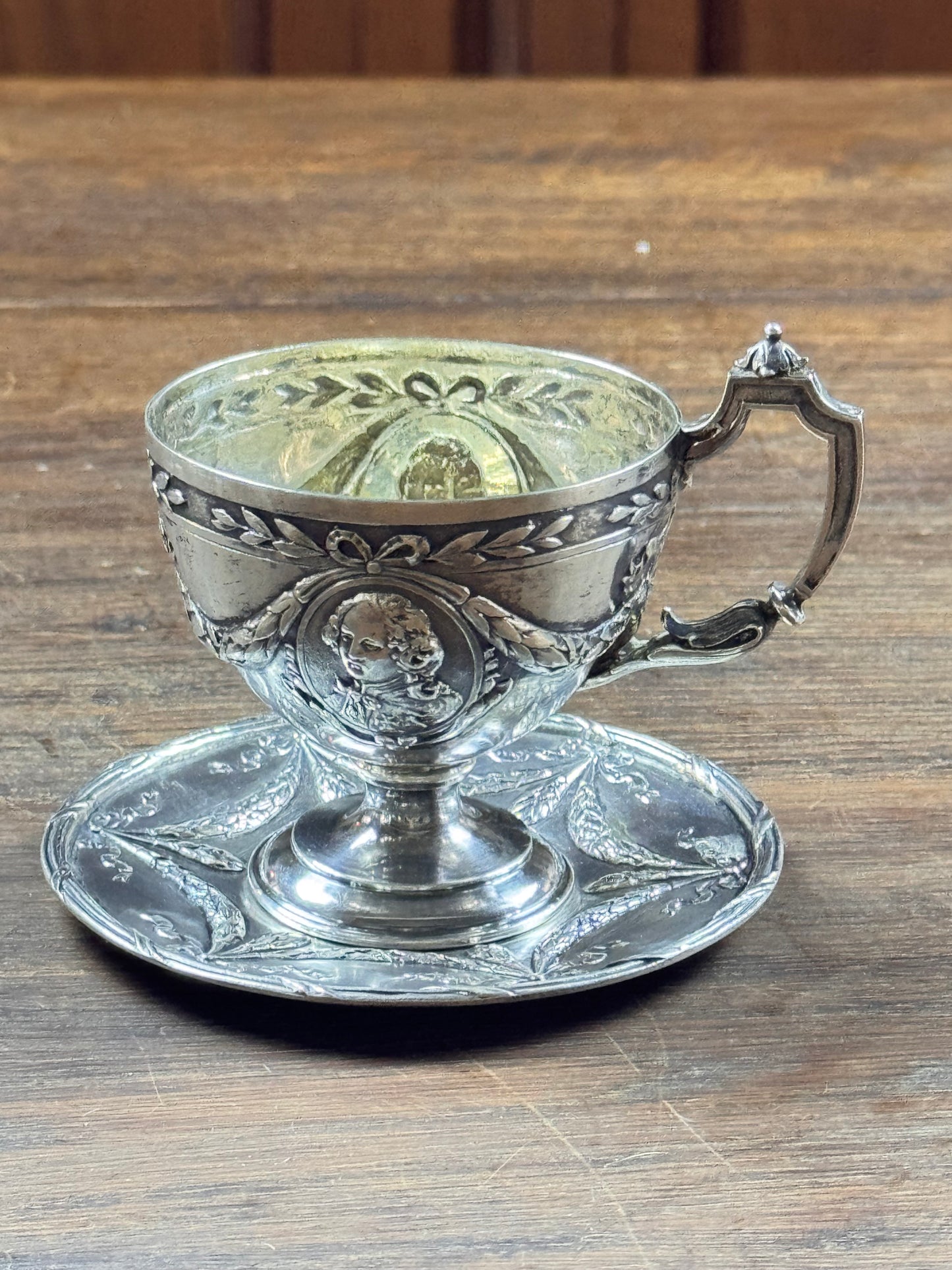 Vintage Silverplate Demitasse Cup & Saucer Cameo Repousse Pseudo Hallmark