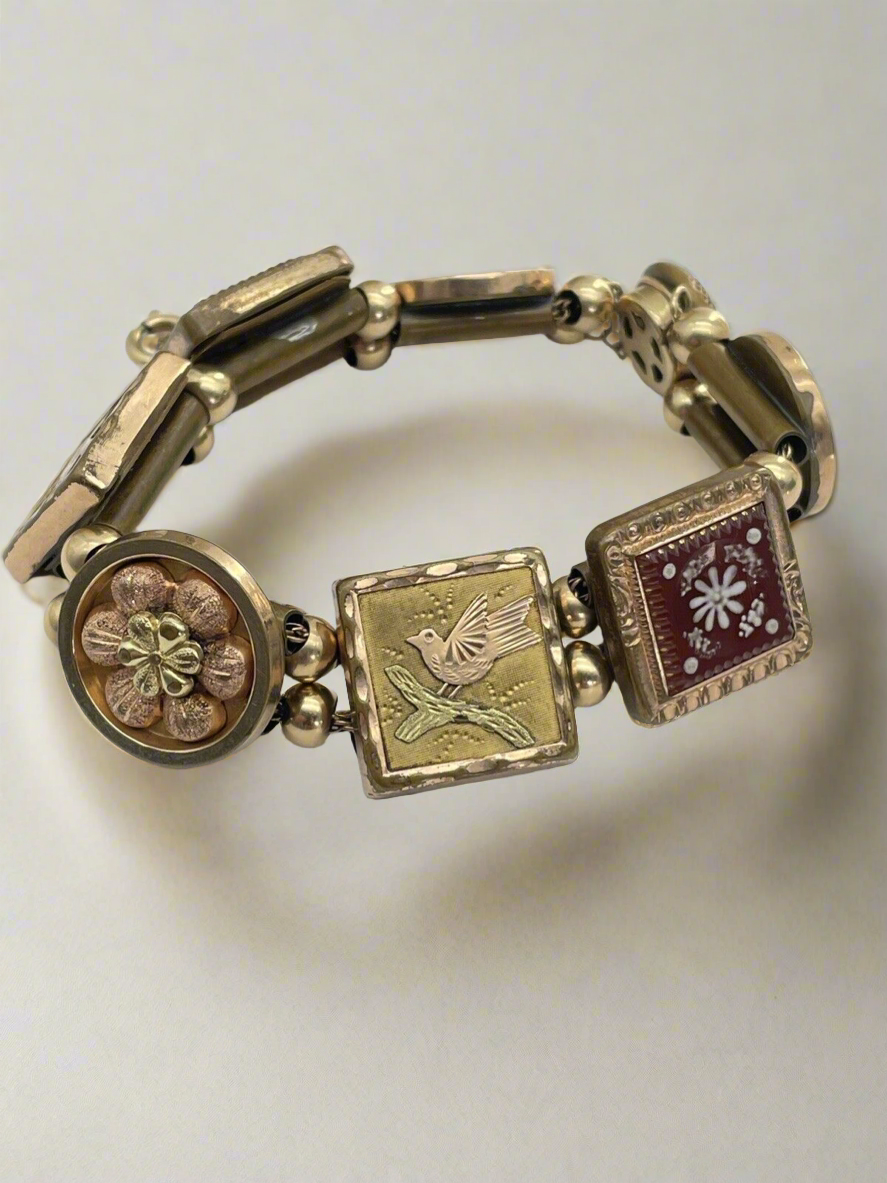 Victorian Slider Bracelet Cuff Button Gold Filled Birds Flowers 7.5” RARE