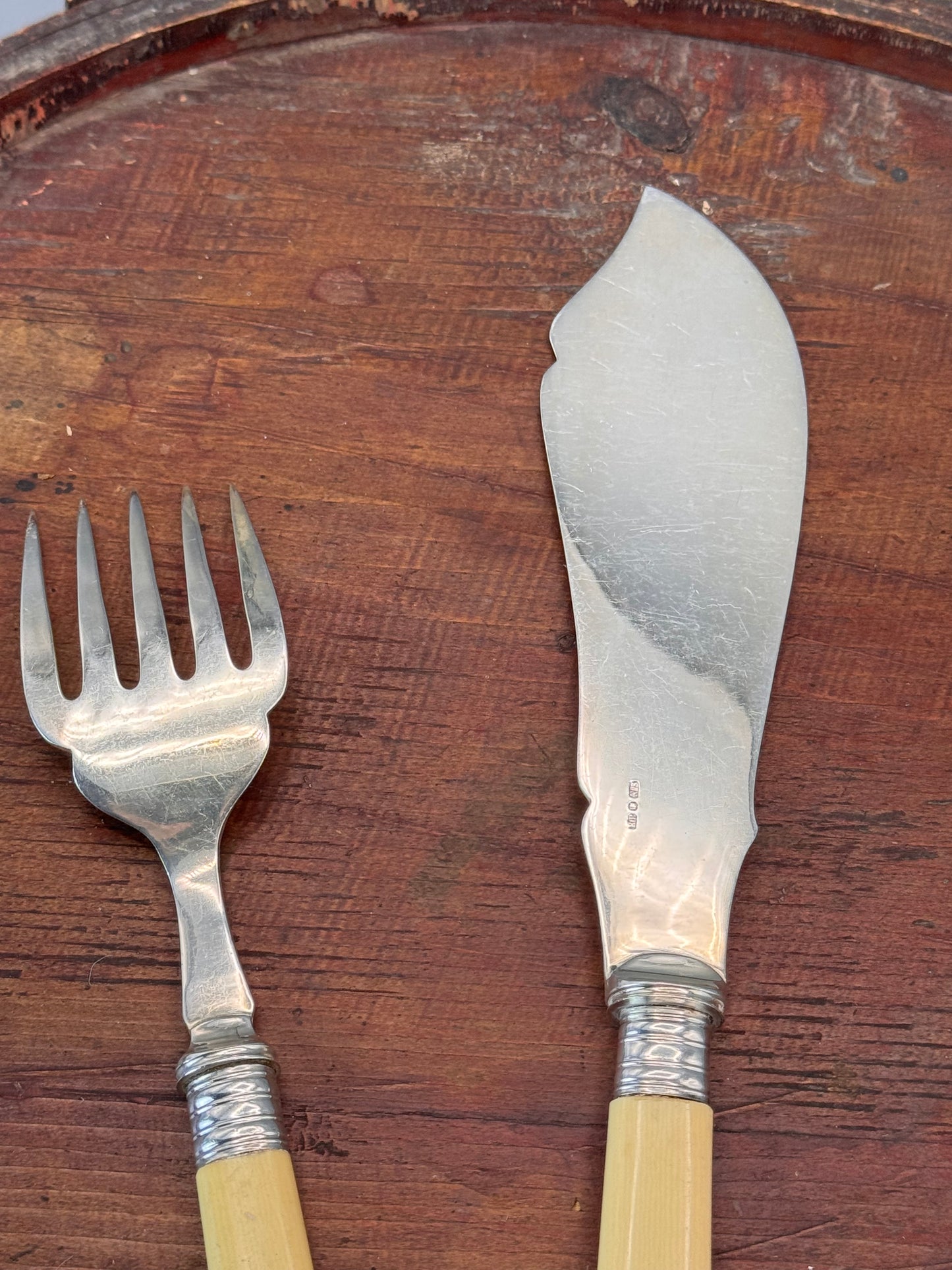 Antique EPNS Fish Set Sterling Ferrules Celluloid Handles 11” Knife 8.5” Fork