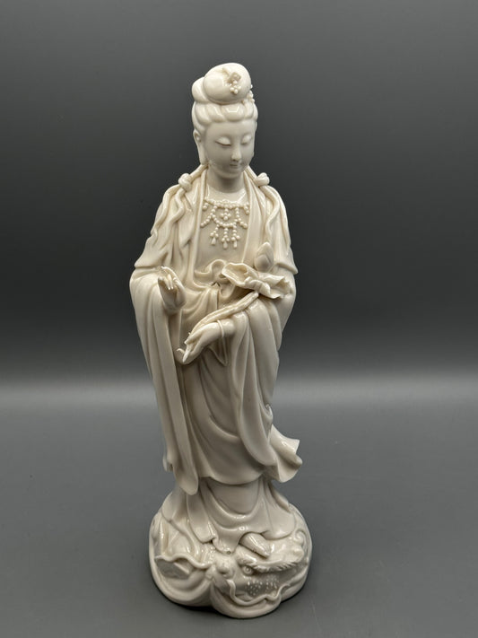 Vintage Blanc de Chine Guanyin Figurine Standing on Dragon 11.5”